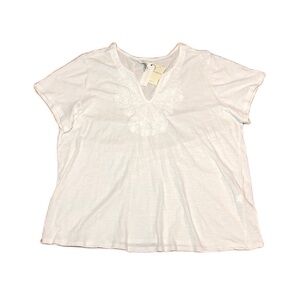 Lucky Brand Curvy Embroidered Bib V-Neck Tee Blouse in White Womens Plus size 3X